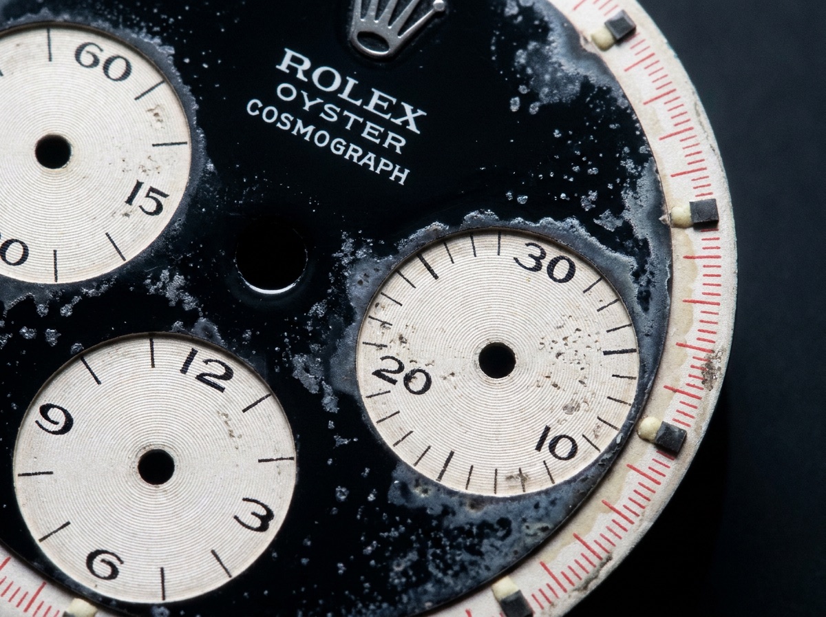 The Black Ghost Daytona contested ROC dial under forensic macro
