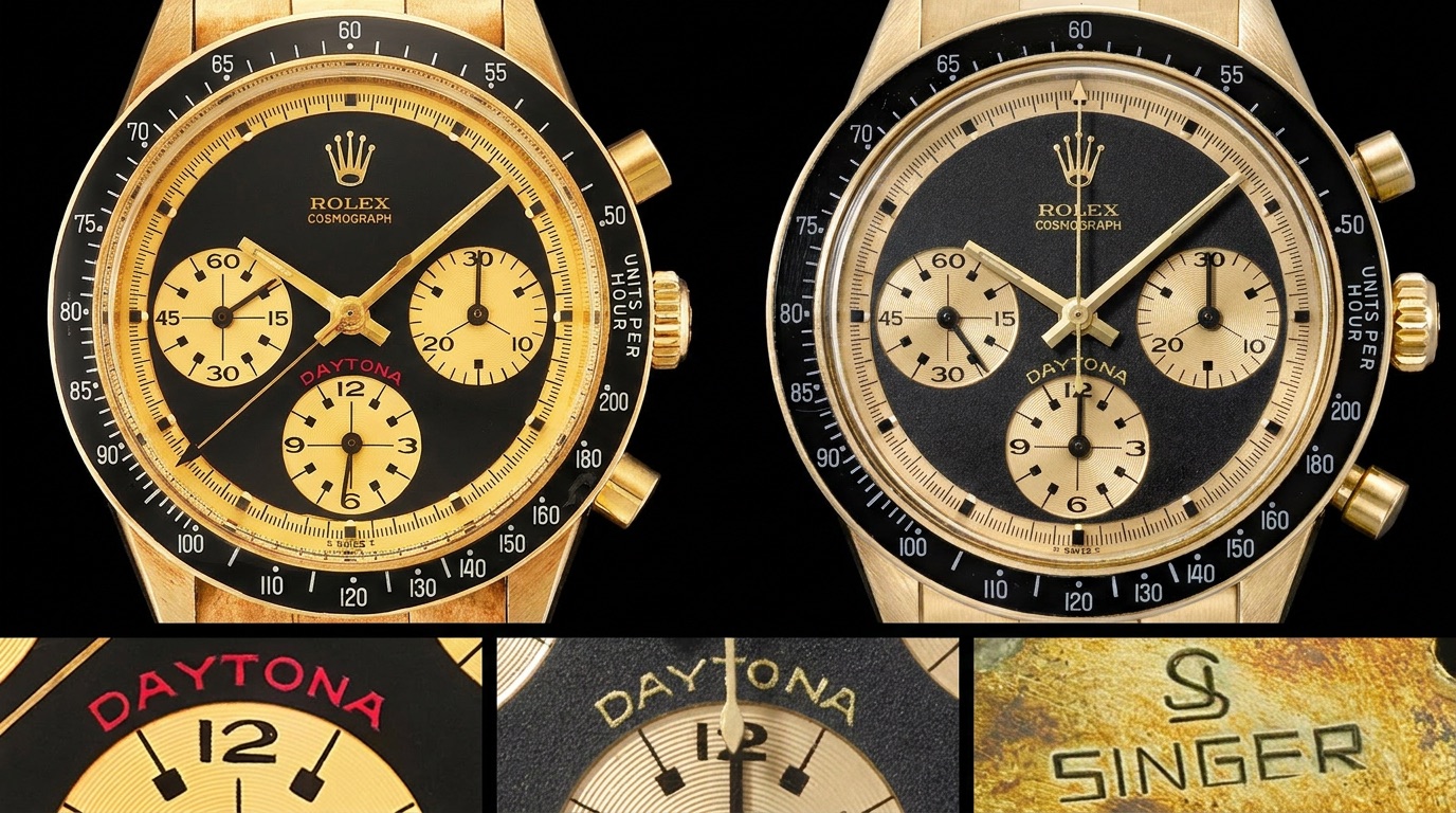 A JPS forensic comparison plate contrasting the 1971 dial against a 1995 service replacement